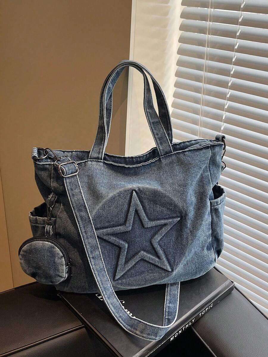 Sac cabas en jean délavé vintage avec motif étoile