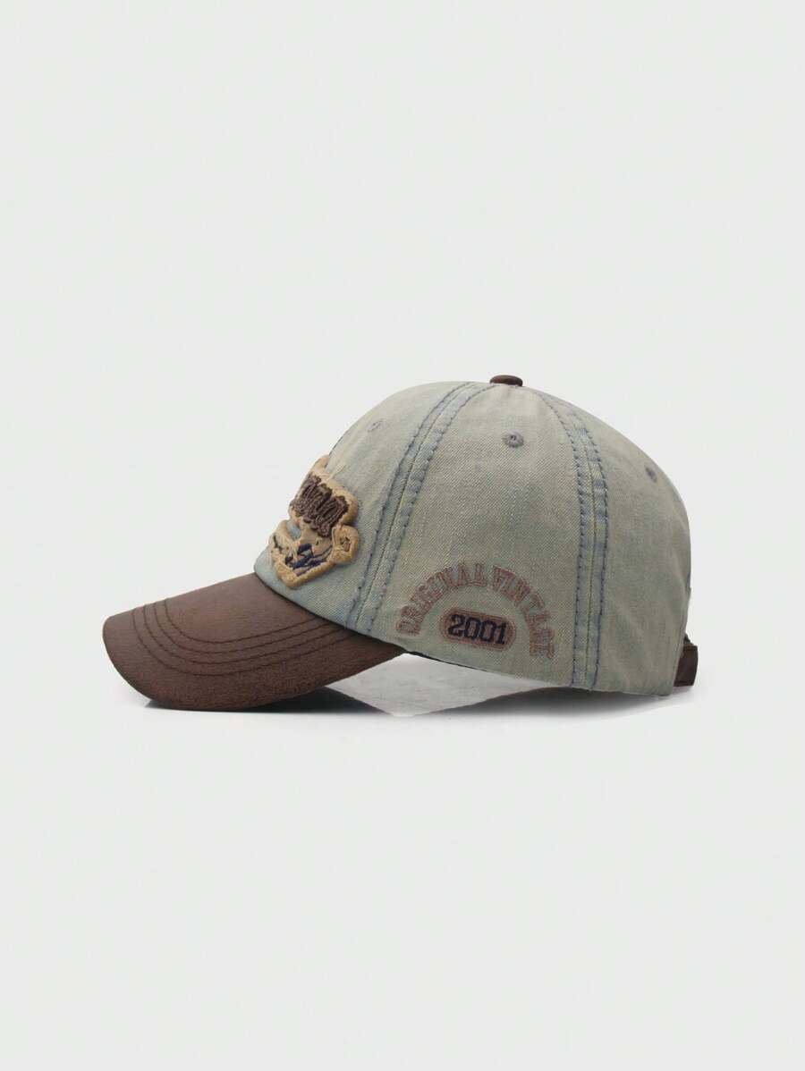 Casquette Americana Denim brodee et style effilochee bleu jeans marron de cote