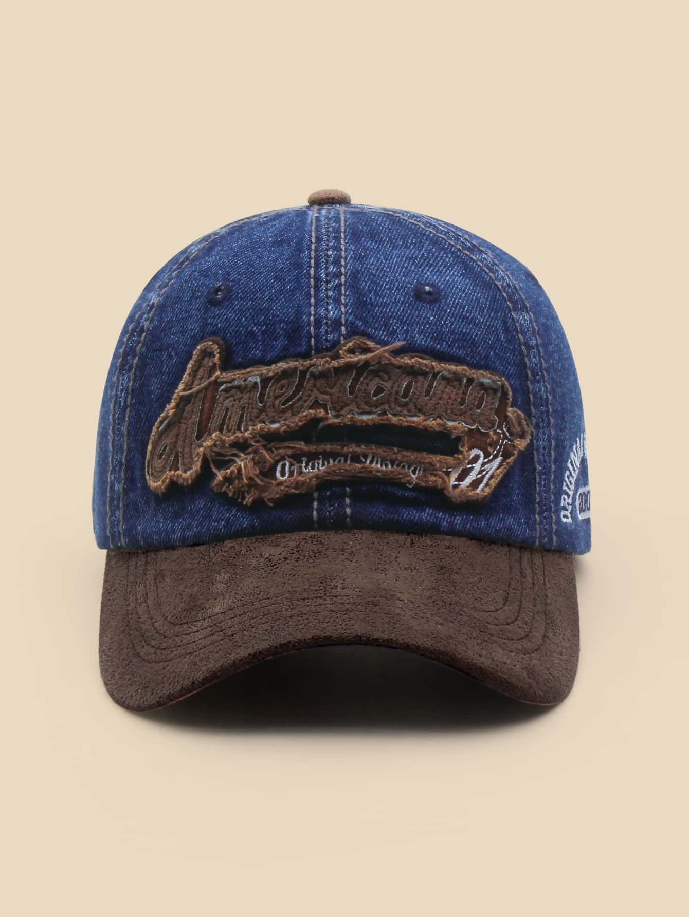 Casquette Americana Denim brodee et style effilochee bleu marine marron de face