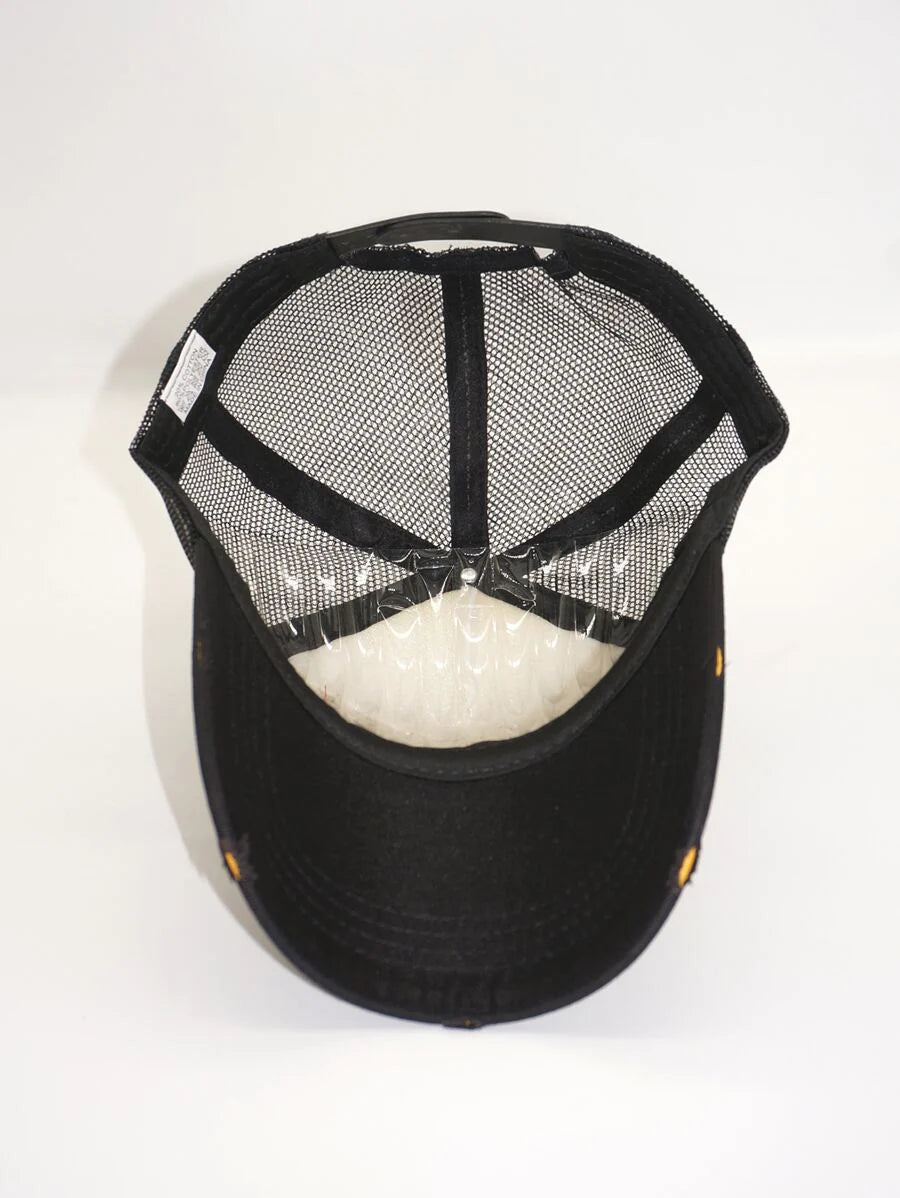 Casquette Western Vintage brodee et efilochee noire de dessous