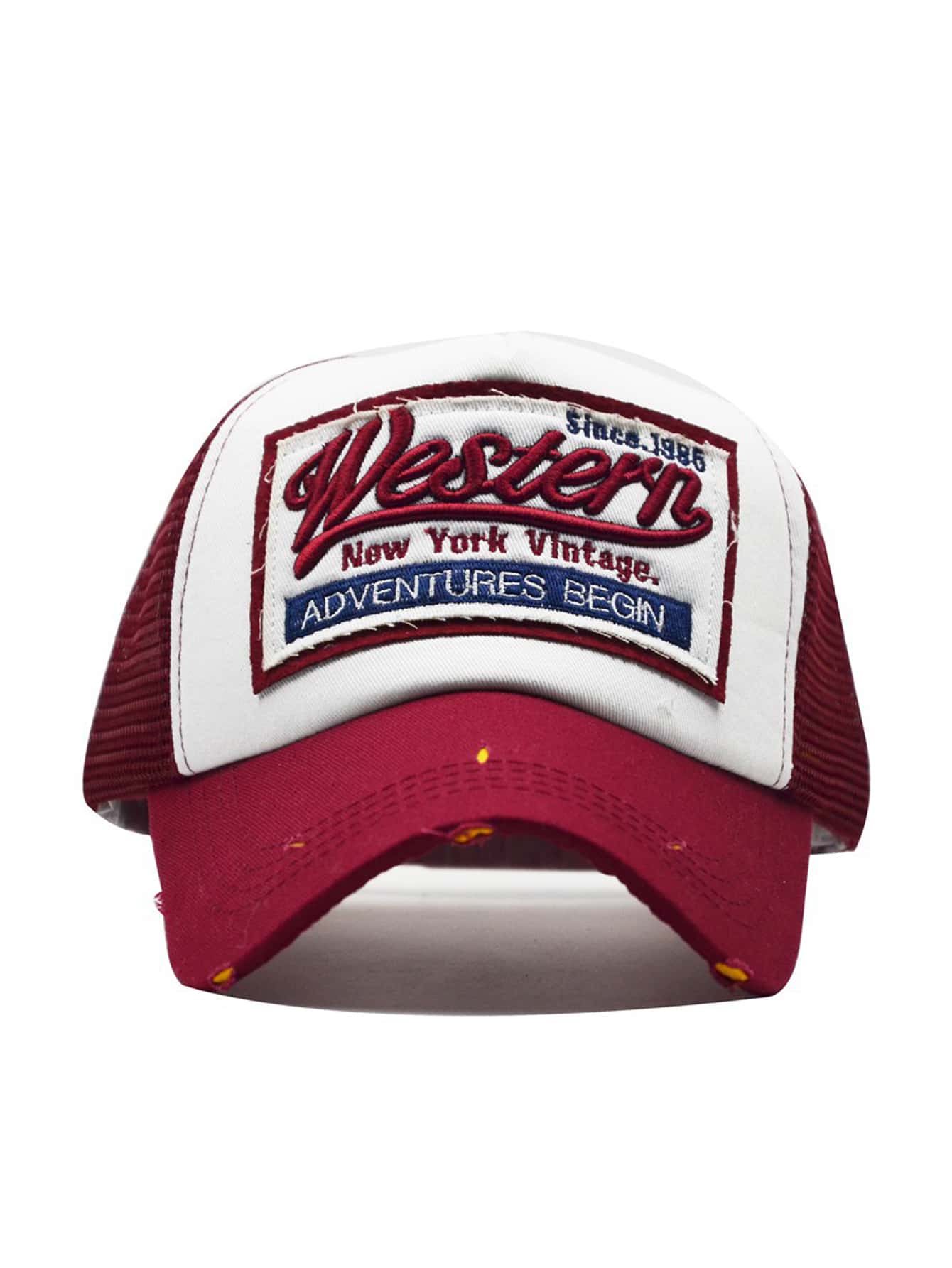 Casquette Western Vintage brodee et efilochee rouge de face