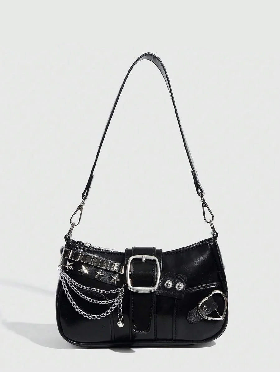 Sac à bandoulière avec chaine et motif en argenté noir