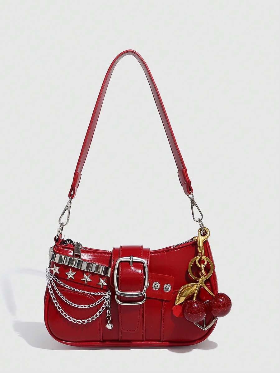 Sac à bandoulière avec chaine et motif en argenté rouge uni avec cerise 