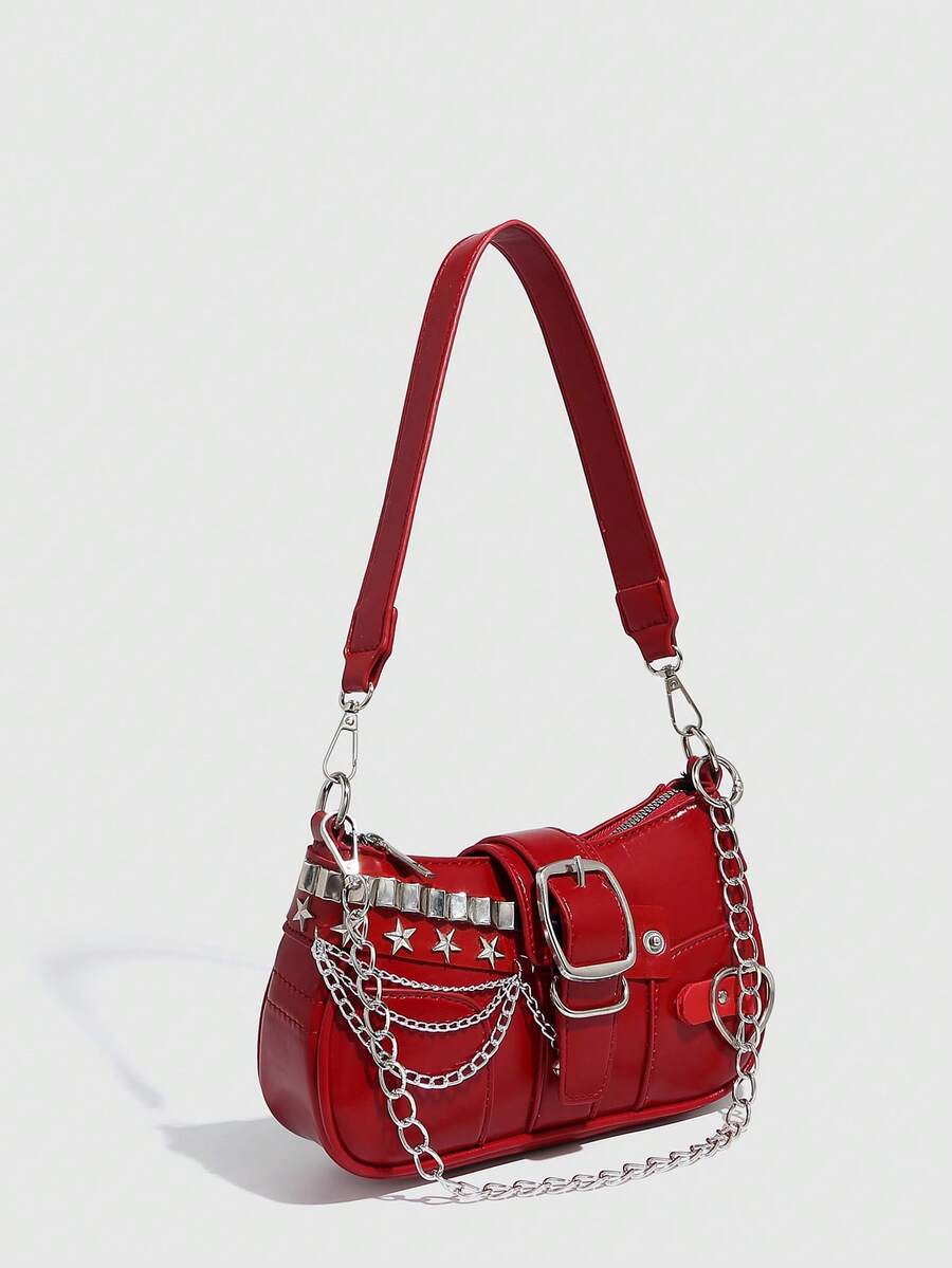 Sac à bandoulière avec chaine et motif en argenté rouge uni avec cerise vu de cote