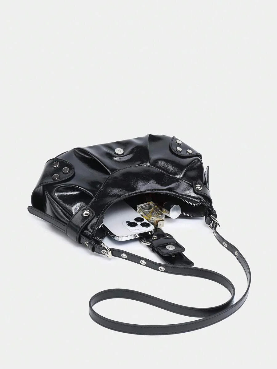 Sac en Simili Cuir a bandouliere pour femme noir cuir lisse detail affaire sac penche