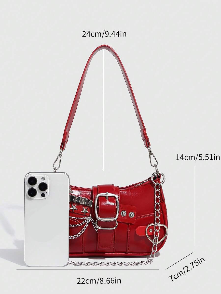 dimension Sac à bandoulière avec chaine et motif en argenté rouge uni avec cerise 