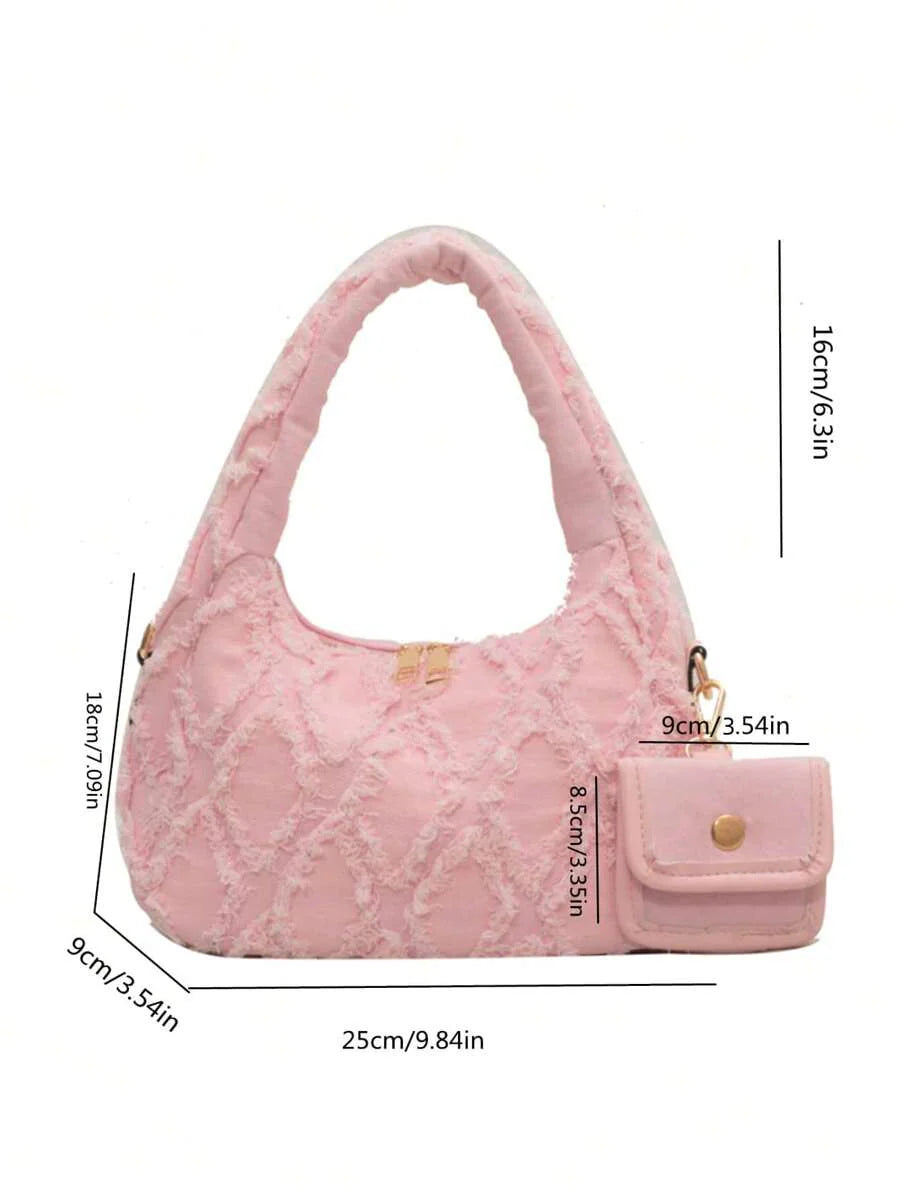 dimension sac a main rose style brodee et efilochee chou avec petite sacoche 