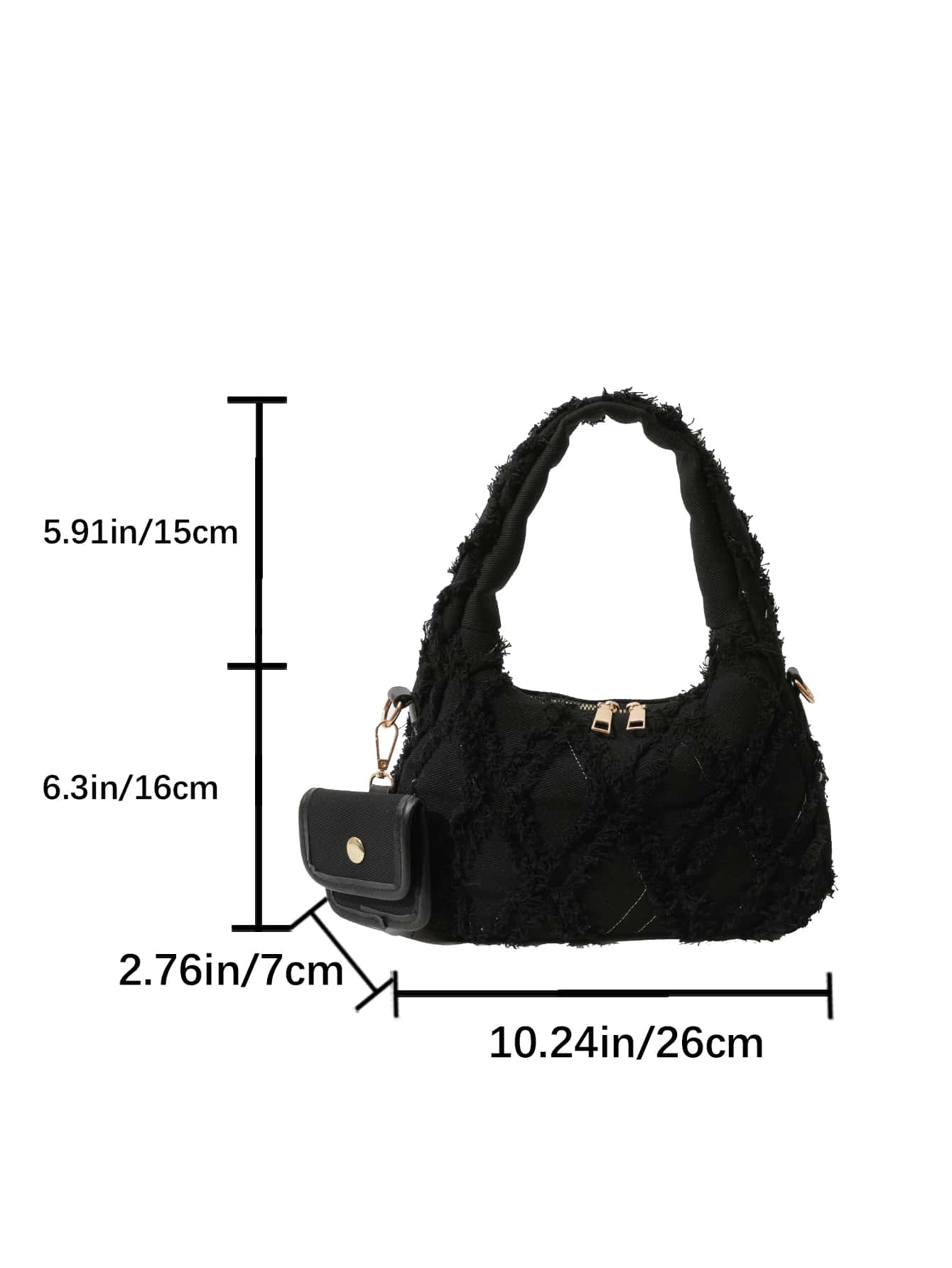 dimension sac noir style effilochee brodee pose sur manteau style affaire ouverture fermeture eclair contenance