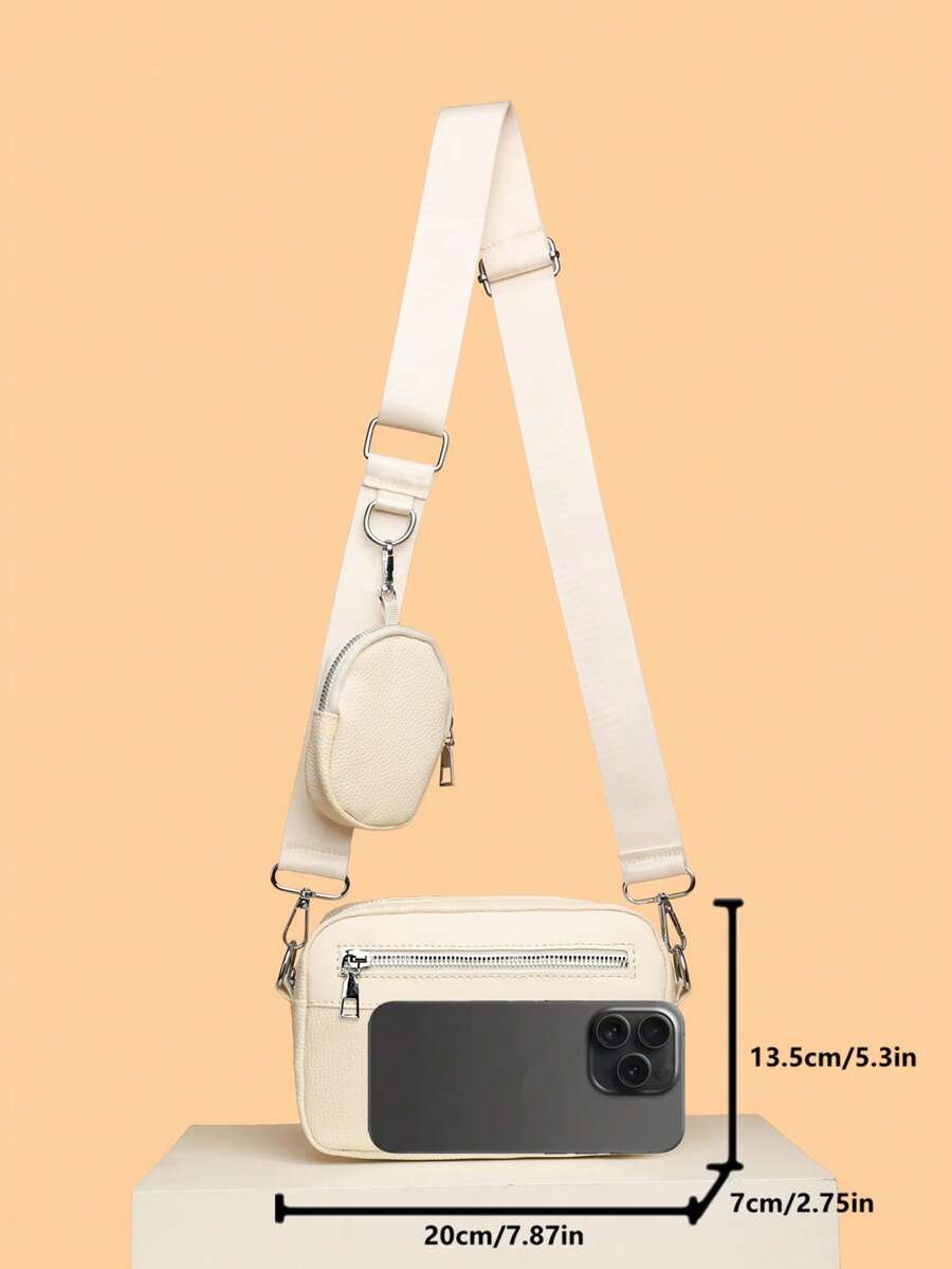 dimension sacoche blanche uni avec mini sacoche accroche a la sangle blanche vu de profil