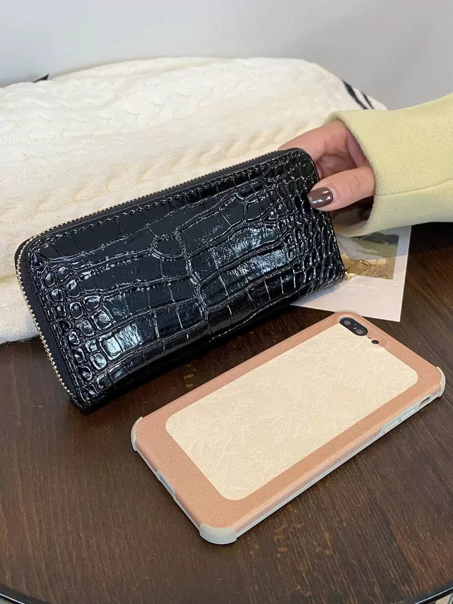 portefeuille femme ecaille crocodile croci noir taille telephone