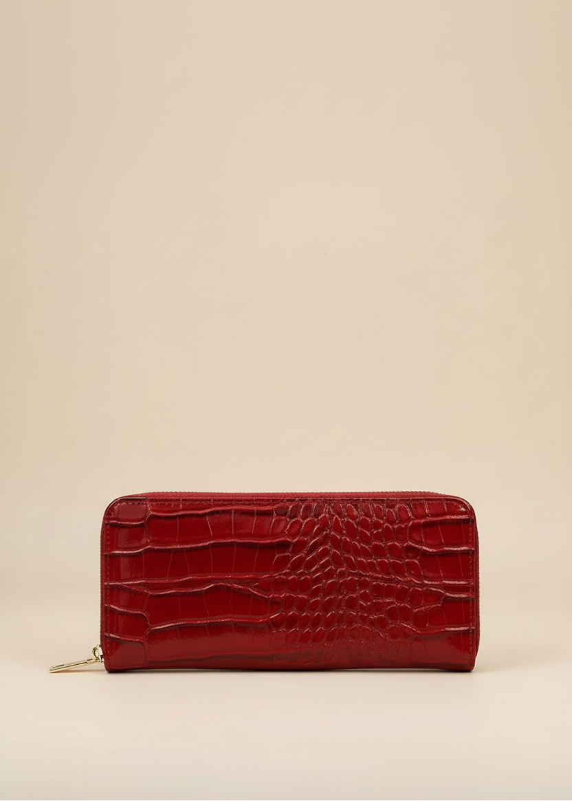 portefeuille femme ecaille crocodile croci rouge fond uni