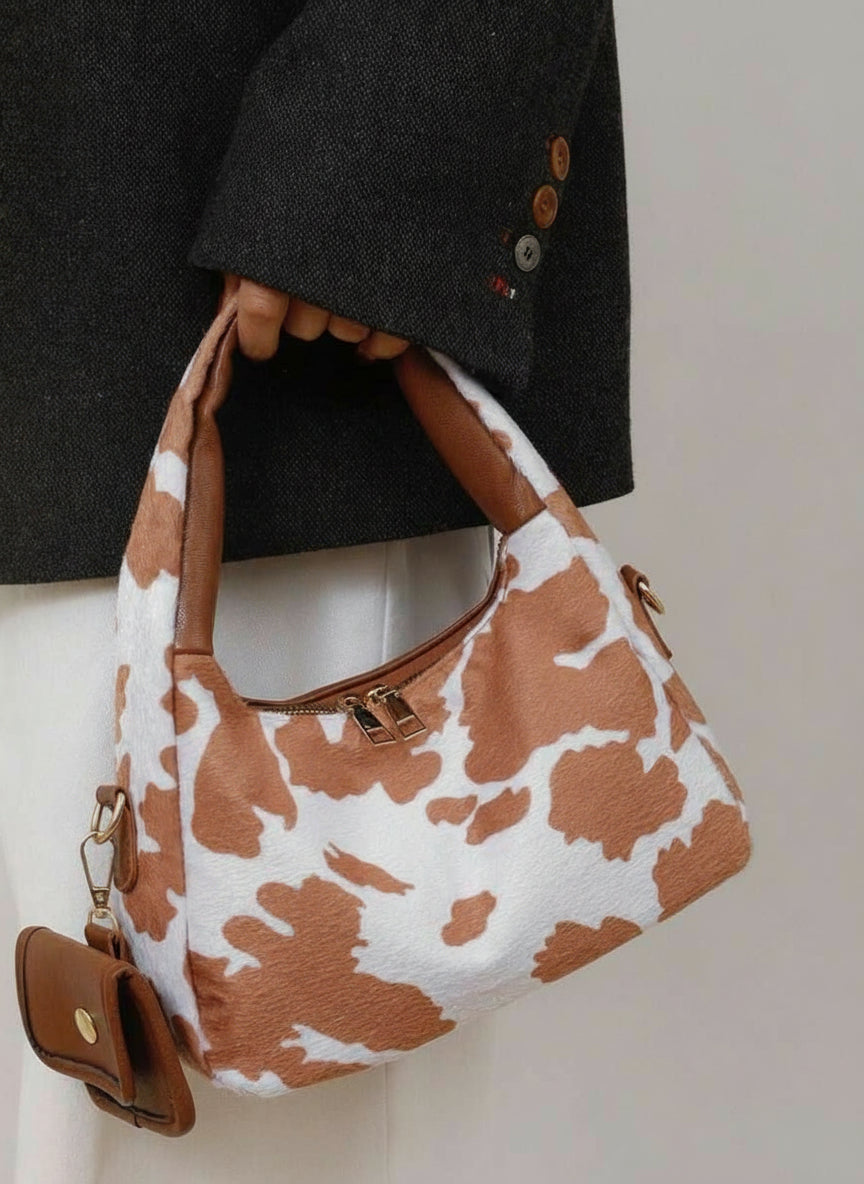 sac a main style tache marron et blanc style animale avec petite sacoche 