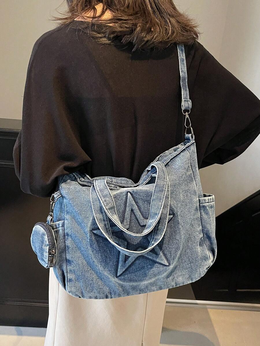 sac cabas bleu en denim pour femme a double sangle depuis derriere