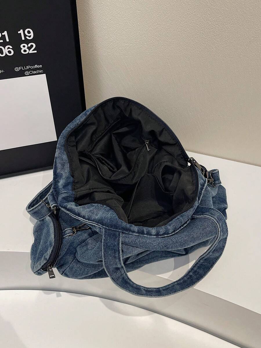 sac cabas bleu en denim pour femme a double sangle ouvert interieur noir contenance