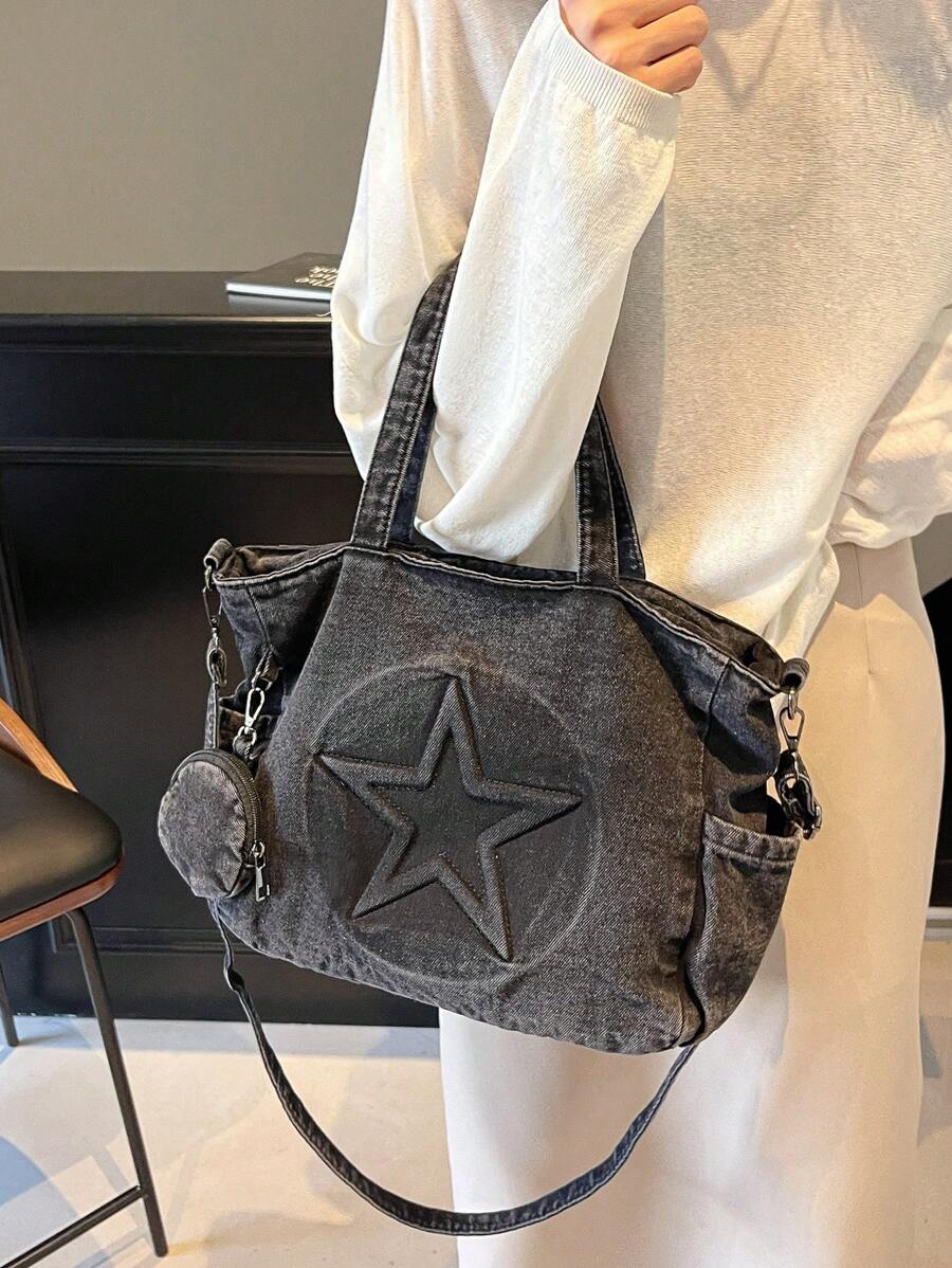 sac cabas noir pour femme en jeans avec etoilee brodee et cousue