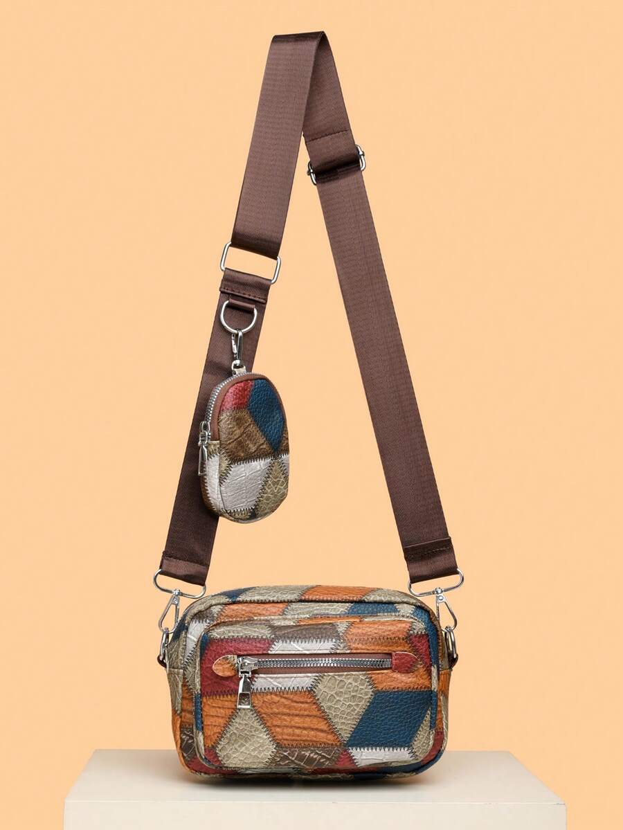 sacoche motif peau serpent orange et rouge, sangle marron et mini sacoche