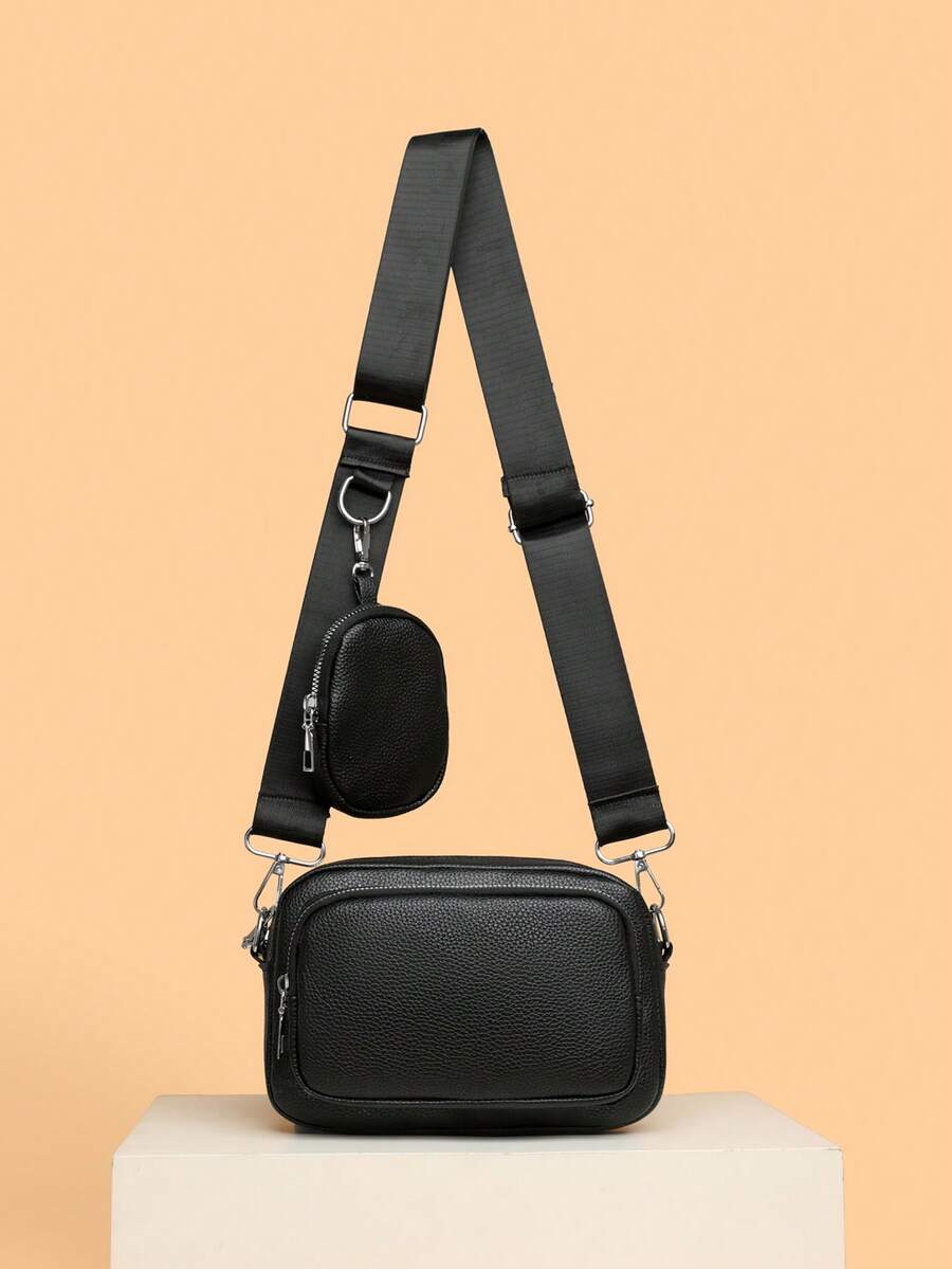 sacoche noir cuir sobre uni avec mini sacoche accrochee a la sangle